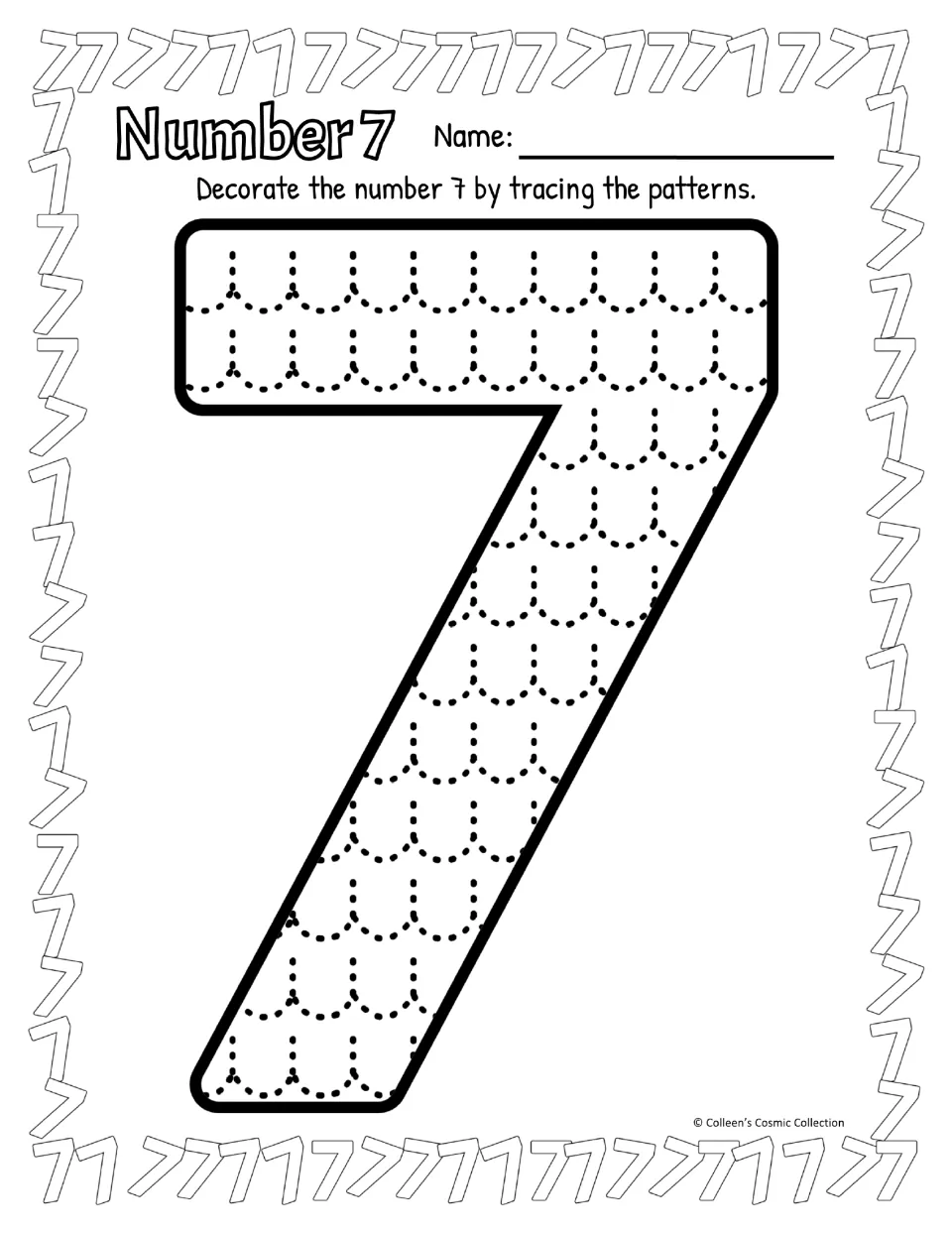 Number 7 in black and white: students trace rows of dotted scallops inside a big 7, practising the numeral's shape
