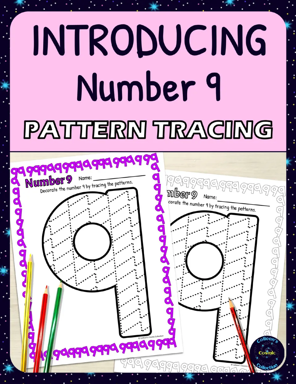 Introducing Number 9 Pattern Tracing cover: colour and black-and-white sheets with a large 9 full of dotted zigzags