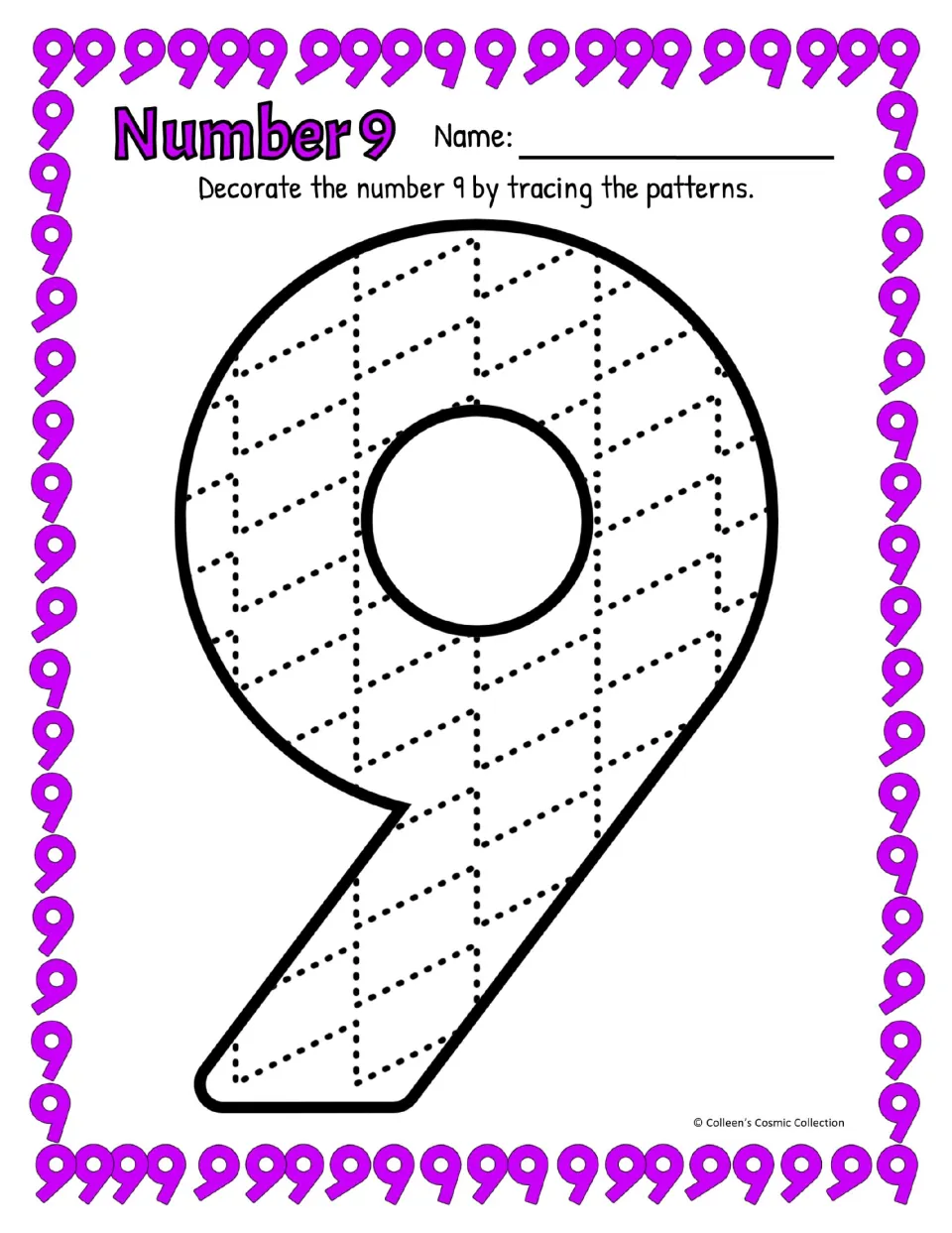 Number 9 pattern tracing, colour version: students trace dotted zigzag lines inside a large 9 with a straight slanted tail
