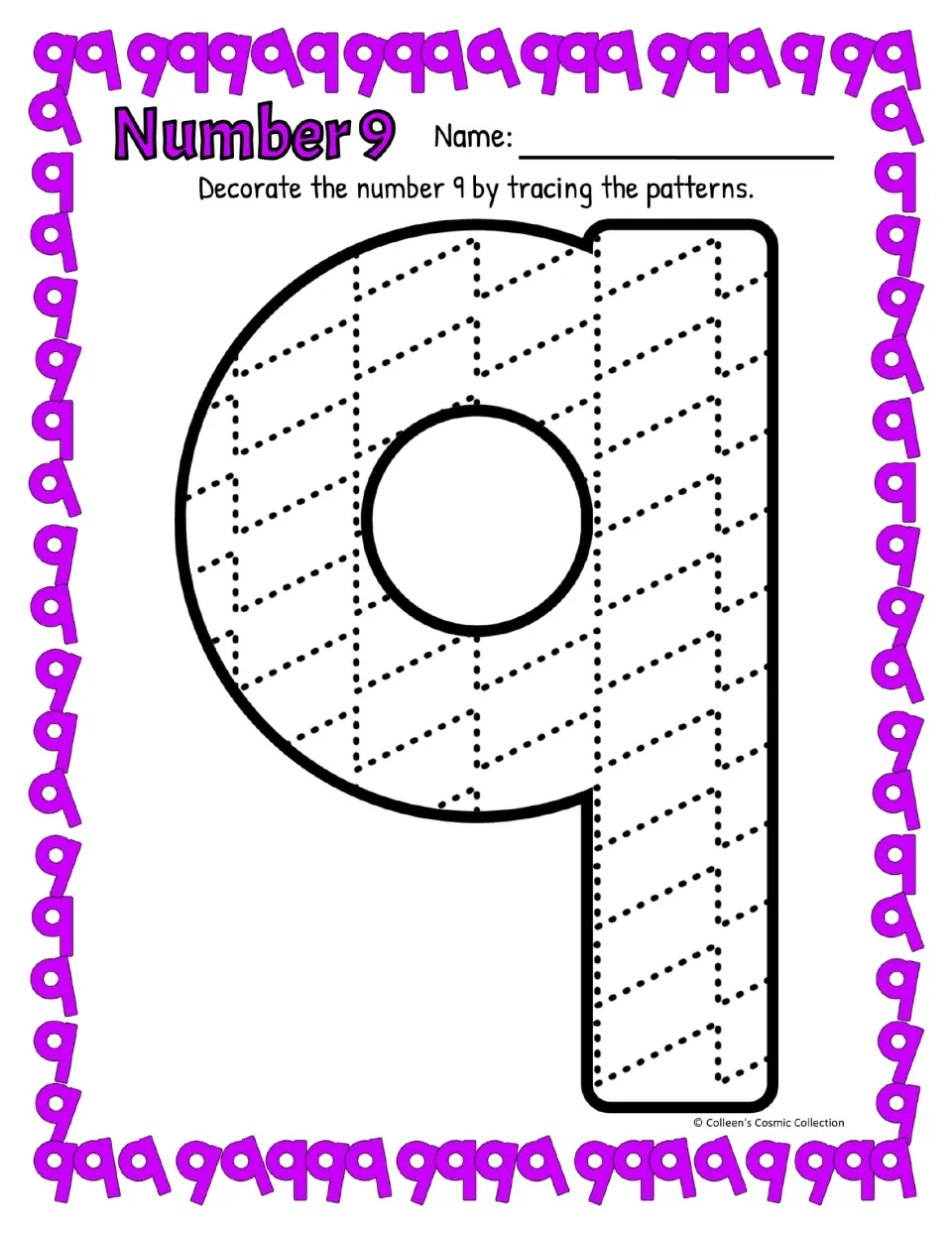 Number 9 pattern tracing, colour version: students trace dotted zigzags inside a 9 drawn as a circle with a straight stick