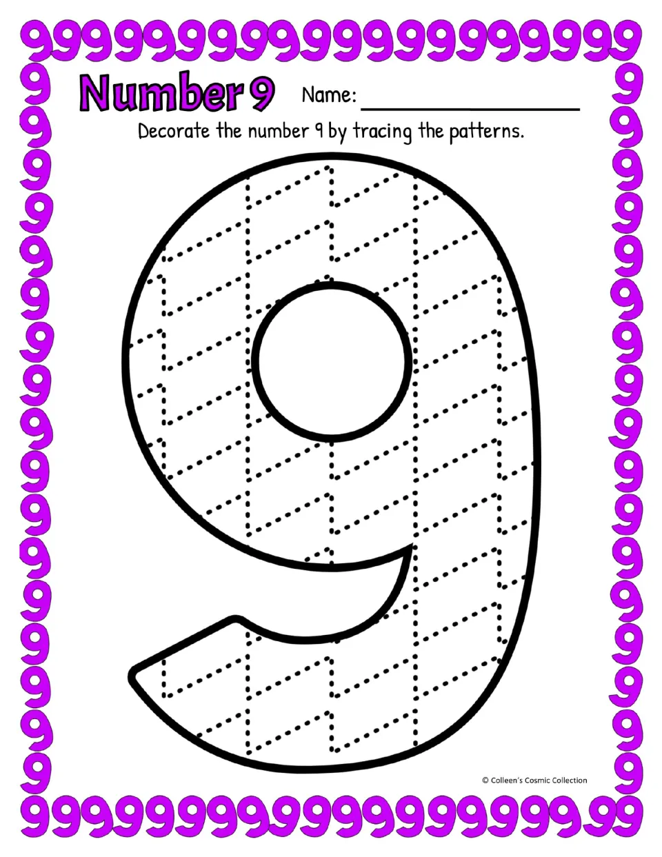 Number 9 pattern tracing, colour version: students follow dotted zigzag lines inside a large 9 with a curved, hooked tail