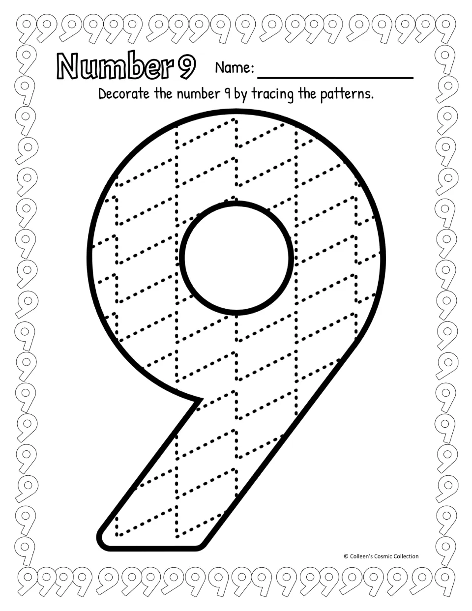 Number 9 pattern tracing in black and white: students trace dotted zigzags inside a large 9 with a straight slanted tail
