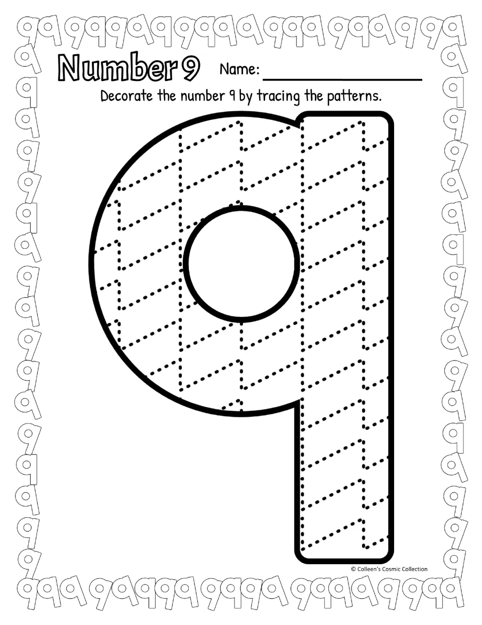 Number 9 pattern tracing in black and white: students trace dotted zigzag lines inside a 9 made of a circle and stick