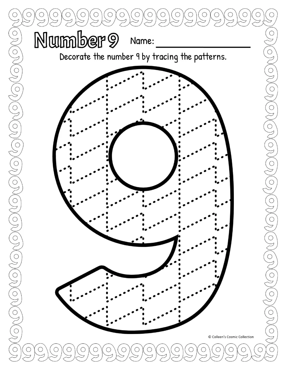 Number 9 pattern tracing in black and white: students follow dotted zigzags inside a large 9 with a curved, hooked tail