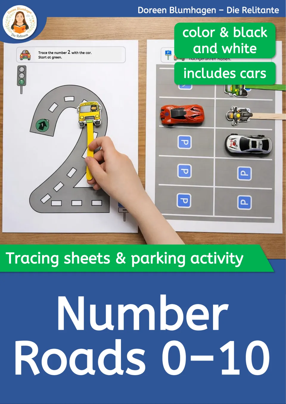 Number Roads 0–10 cover: a child traces a road-shaped 2 with a bus on a stick beside a parking lot holding toy cars