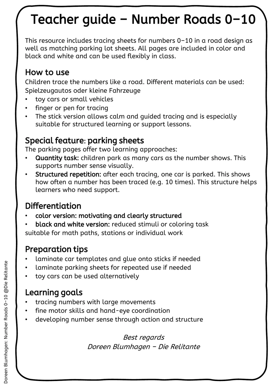 Teacher guide: how to use the road tracing and parking sheets, with differentiation, preparation tips and learning goals