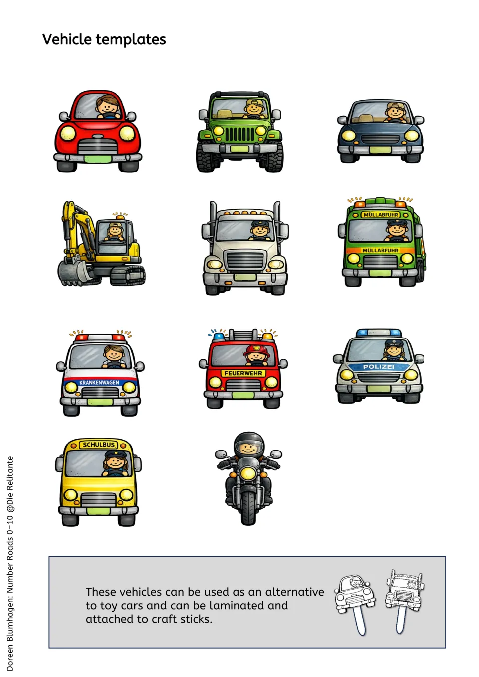 Vehicle templates: 11 vehicles, including police car, fire truck, school bus and digger, to laminate on craft sticks