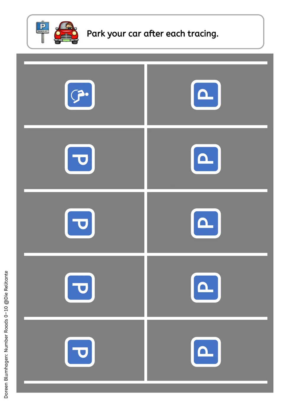 Parking lot sheet: students park one car in a P space after each tracing, using the 10 spaces to count repetitions
