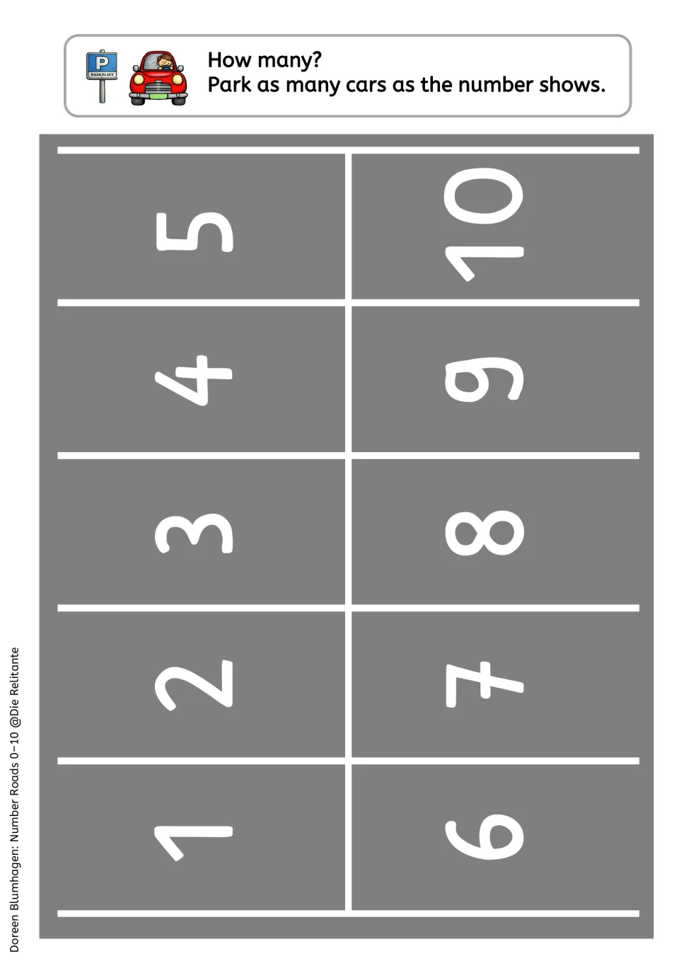 How many? parking lot numbered 1 to 10: students park as many cars as each number shows to match quantity to numeral