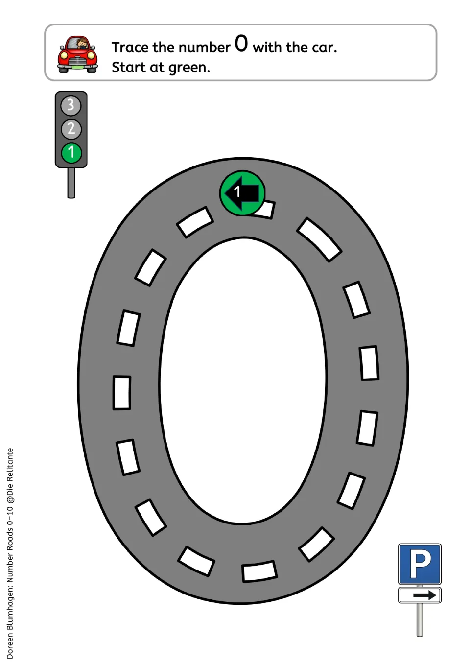 Number 0 road tracing: students drive a car around the oval road from the green start arrow, ending at the parking sign