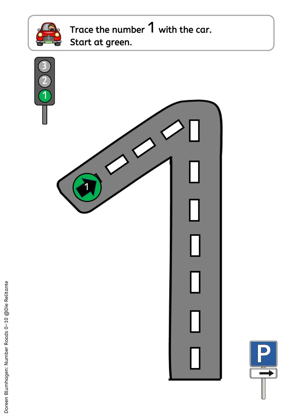 Number 1 road tracing: students drive a car up the diagonal stroke from the green start, then down the straight road