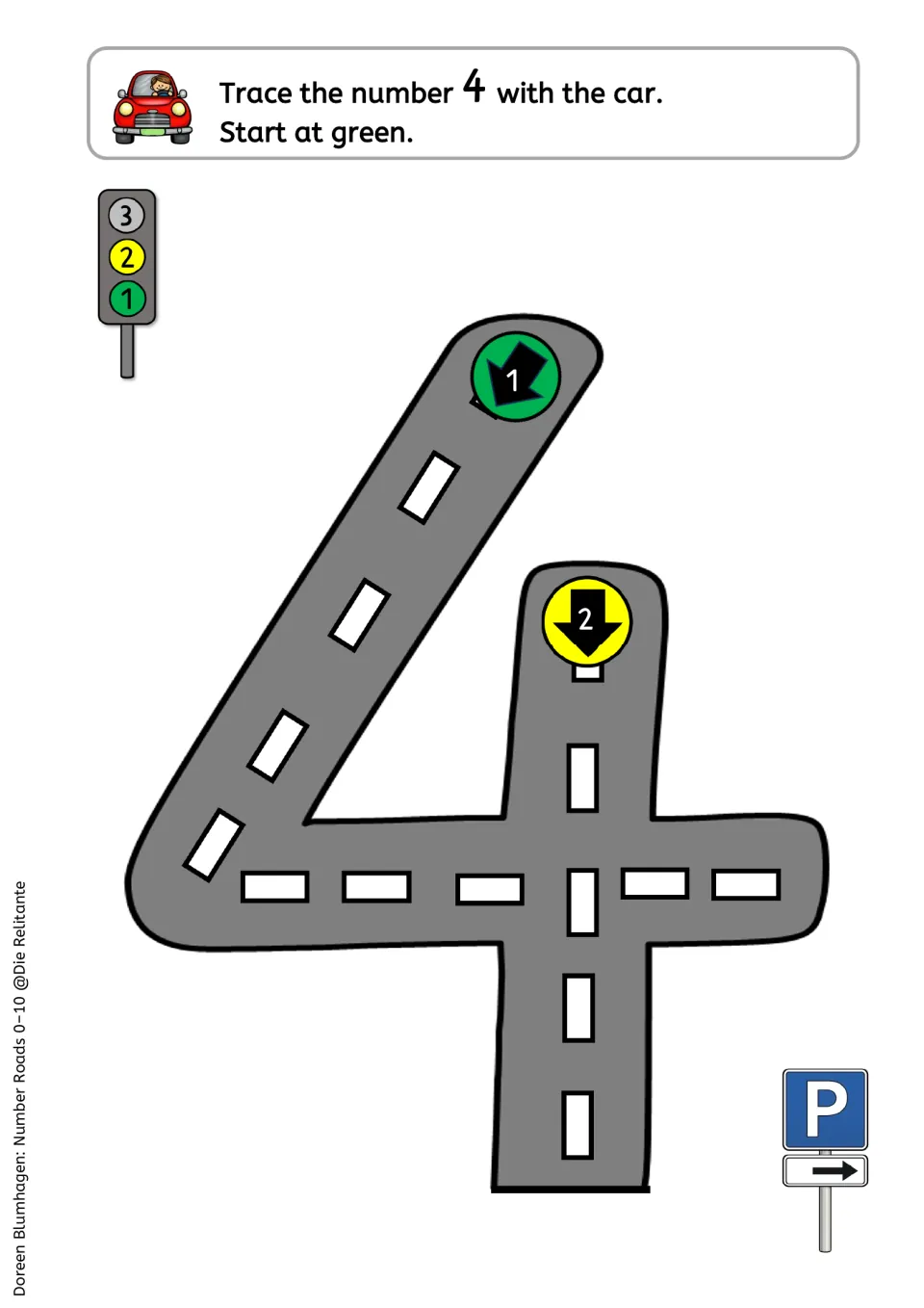 Number 4 road tracing: students drive a car down the slant and across from green, then down the yellow second stroke
