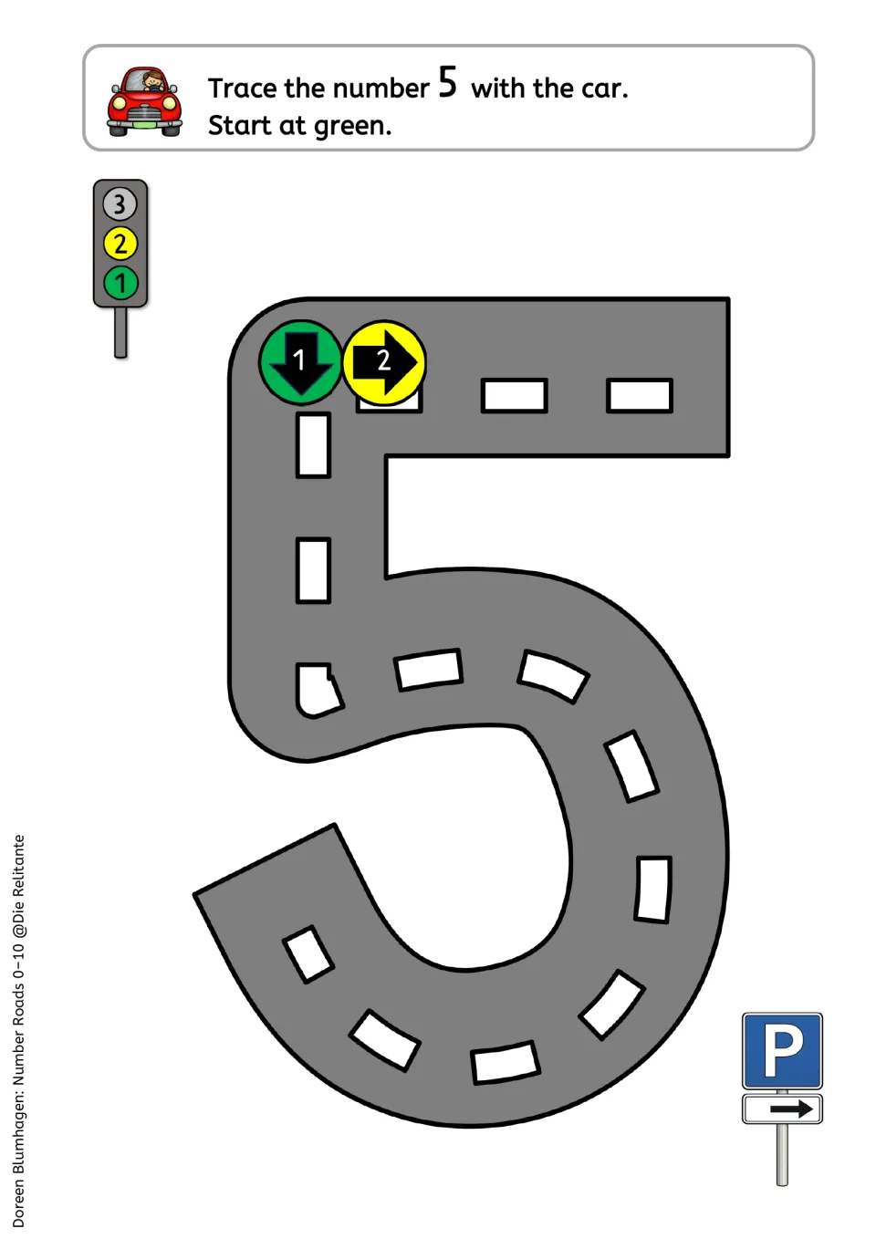 Number 5 road tracing: students drive down and around the curve from green, then add the top bar from the yellow arrow