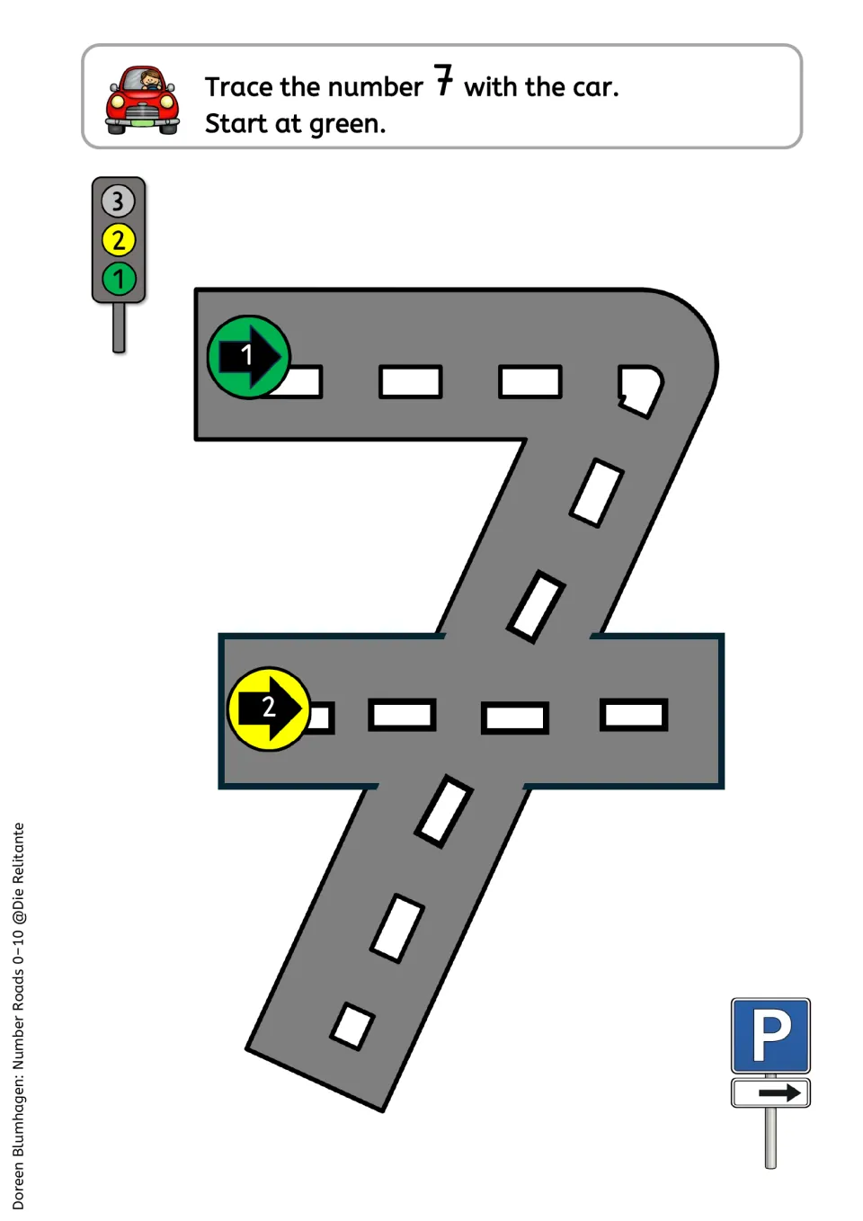 Number 7 road tracing: students drive across and down the slant from green, then add the crossbar from the yellow arrow