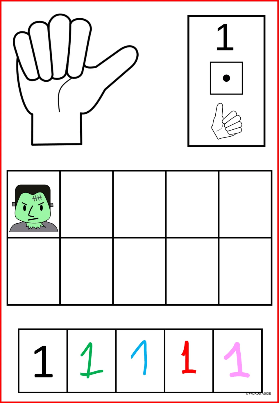 Number sense poster for 1: one monster, finger counting, a one-dot die, and five versions of the numeral.
