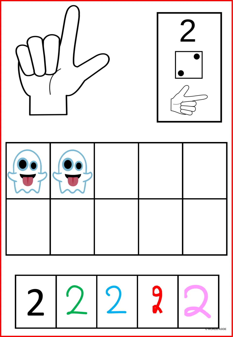 Number sense poster for 2: two ghosts, finger counting, a two-dot die, and five versions of the numeral.