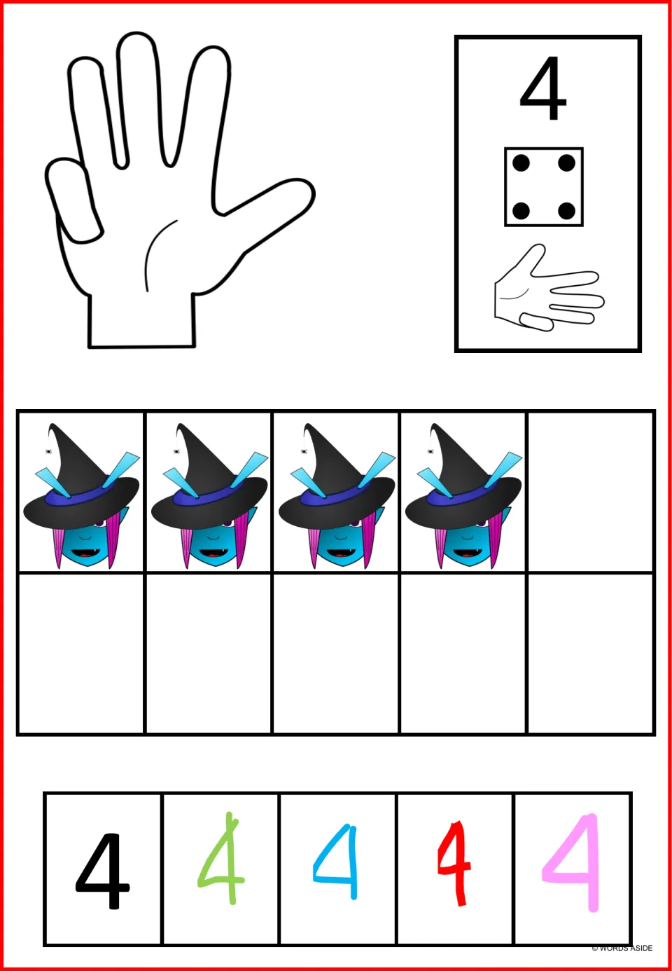 Number sense poster for 4: four witches, finger counting, a four-dot die, and five numeral examples.
