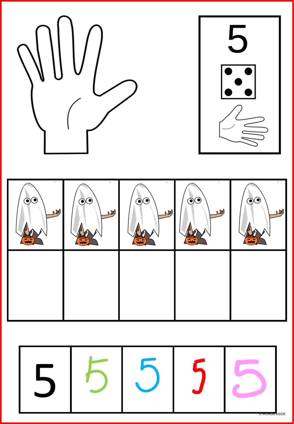 Number sense poster for 5: five ghosts, finger counting, a five-dot die, and five numeral examples.