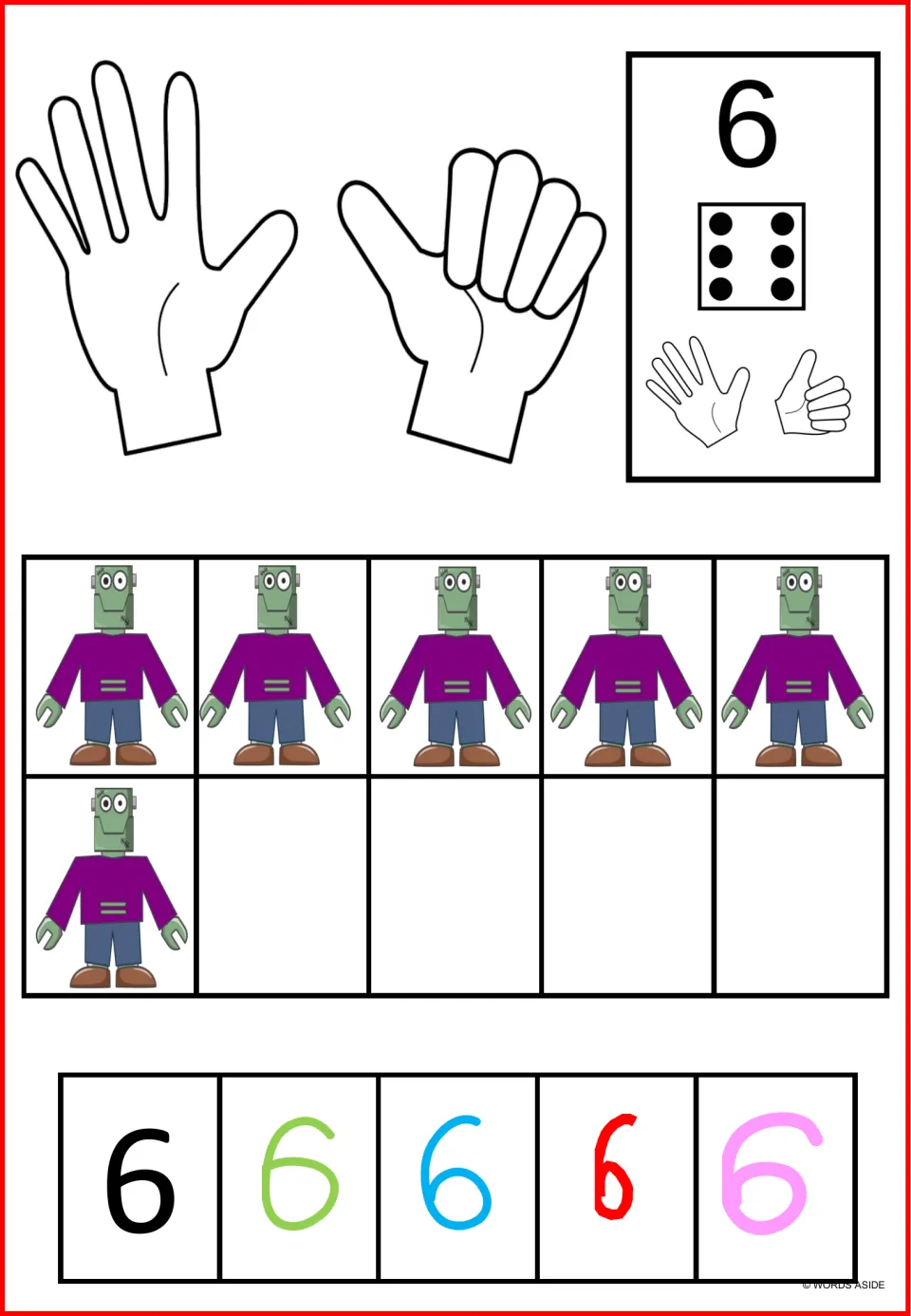 Number sense poster for 6: six monsters, fingers showing five plus one, a six-dot die, and numeral samples.