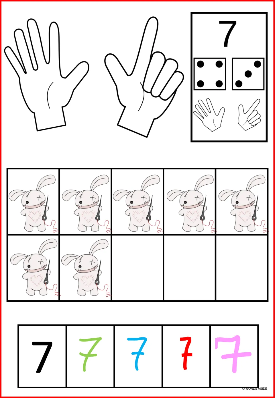 Number sense poster for 7: seven stitched rabbits, seven raised fingers, dice showing 4 and 3, and numerals.