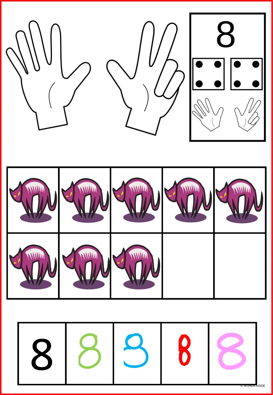 Number sense poster for 8: eight cats, fingers showing five plus three, two four-dot dice, and numerals.