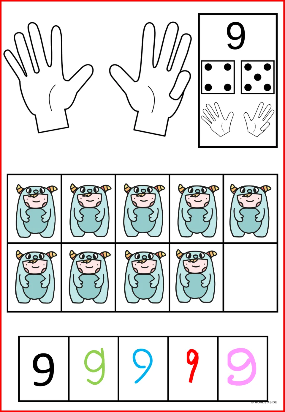Number sense poster for 9: nine costumed children, nine raised fingers, dice showing 4 and 5, and numerals.