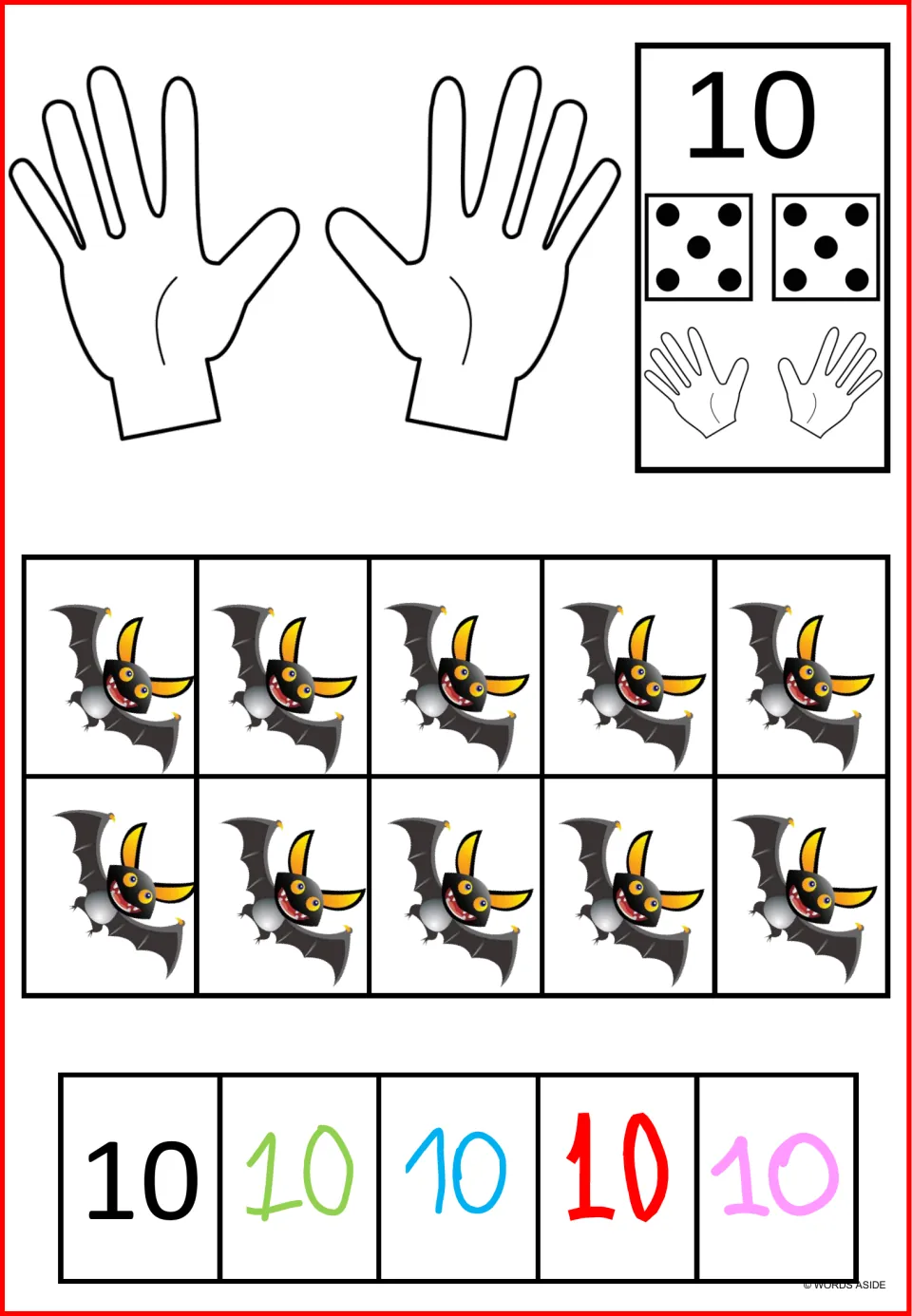 Number sense poster for 10: ten bats, ten raised fingers, two five-dot dice, and five numeral examples.