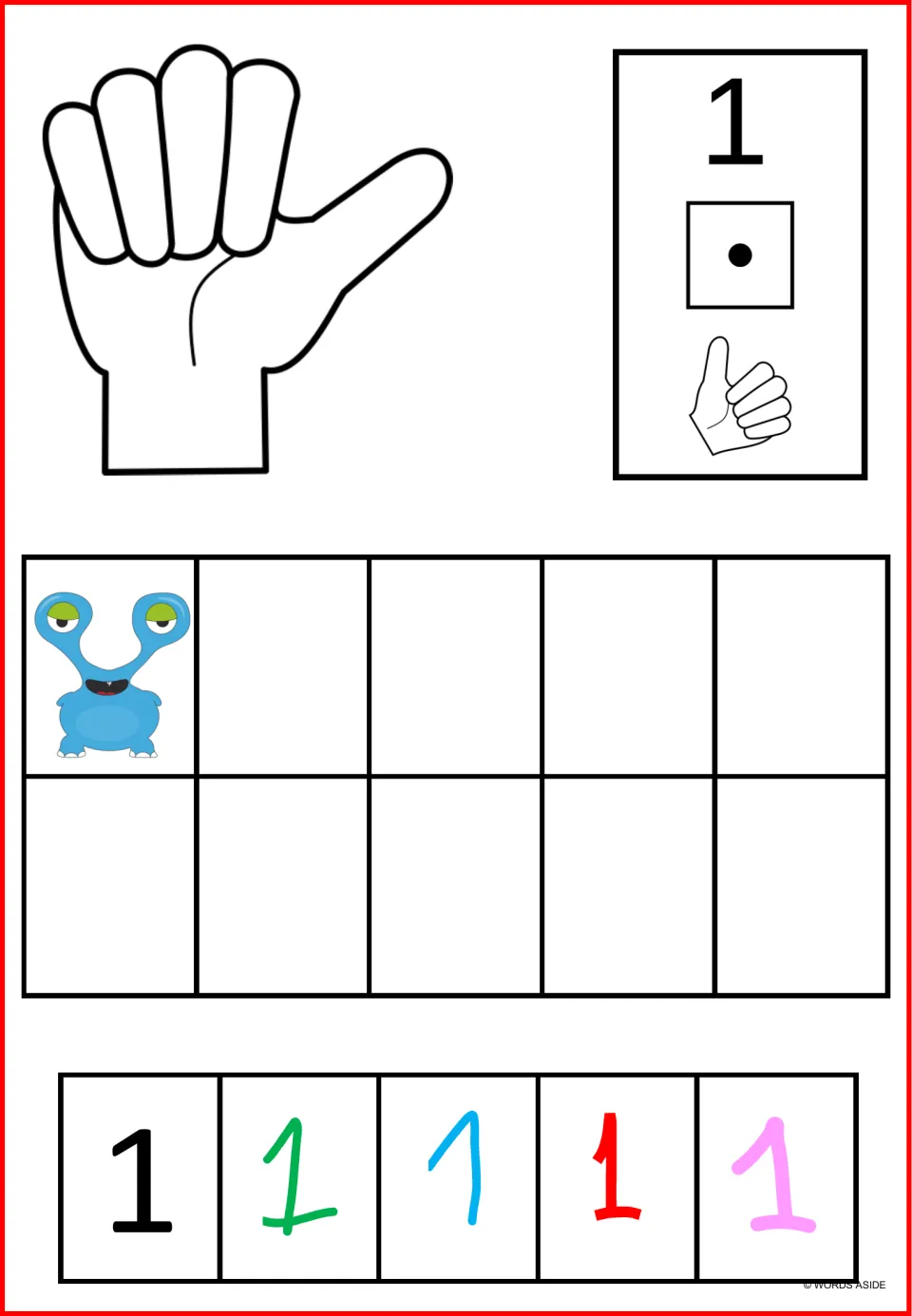 Number 1 poster mat: one monster, one dice dot, a one-finger count, and five numeral examples in different styles