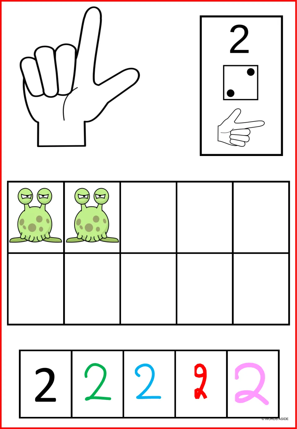 Number 2 poster mat: two monsters, two dice dots, a two-finger count, and five numeral examples in different styles