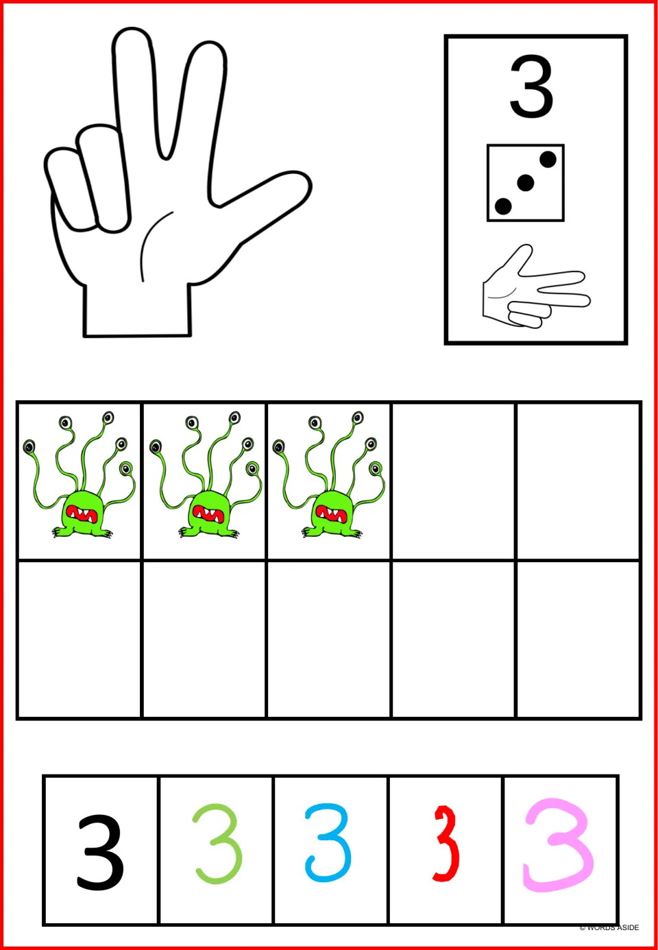 Number 3 poster mat: three monsters, three dice dots, a three-finger count, and five styles of the numeral 3