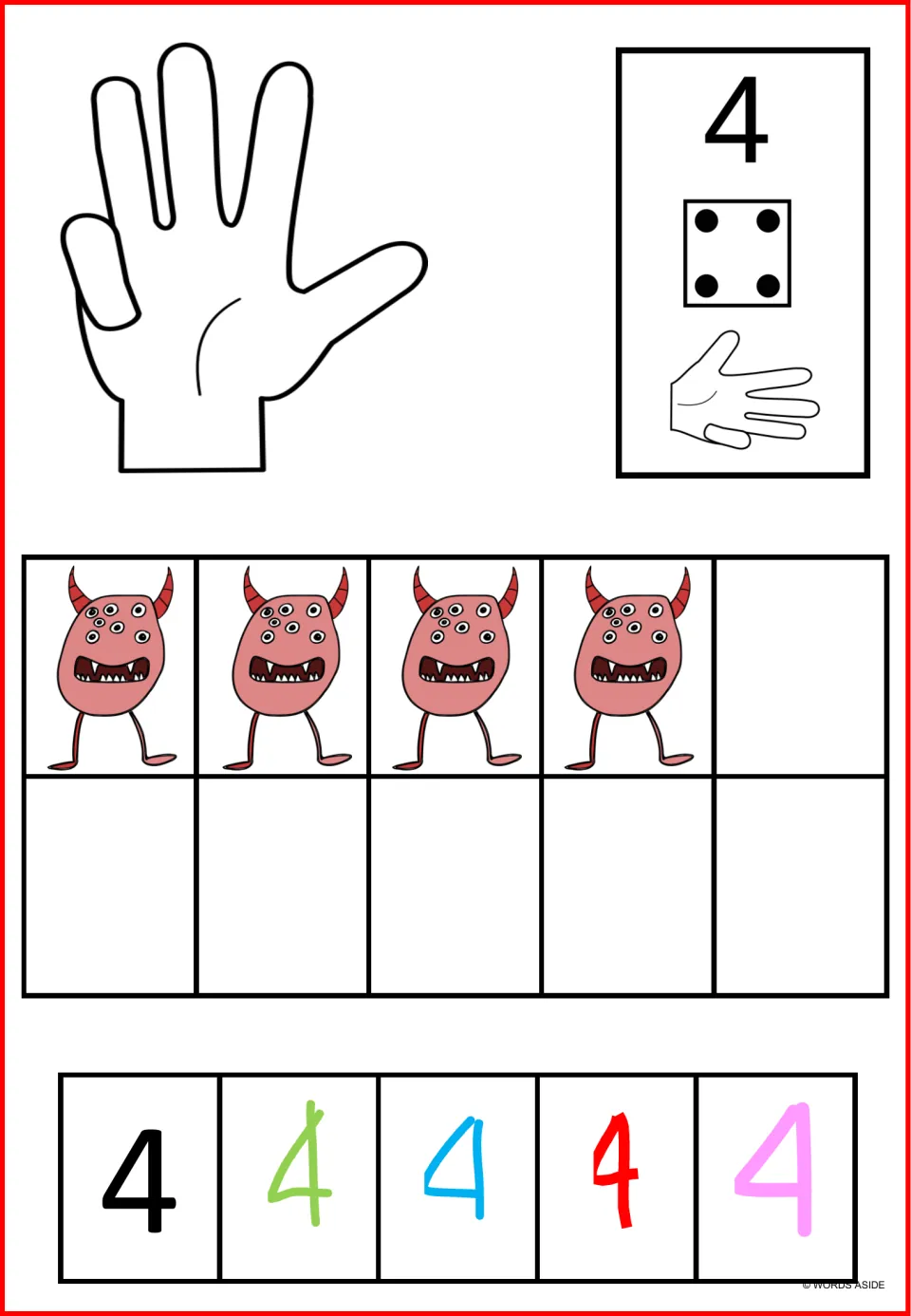 Number 4 poster mat: four monsters, four dice dots, a four-finger count, and five styles of the numeral 4