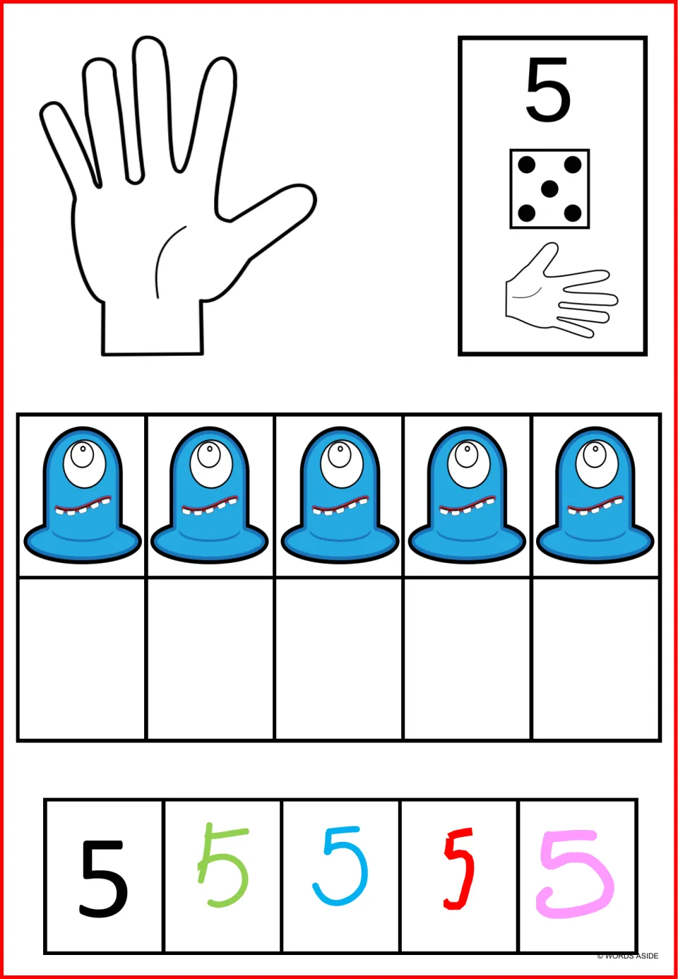 Number 5 poster mat: five monsters, five dice dots, a five-finger count, and five styles of the numeral 5