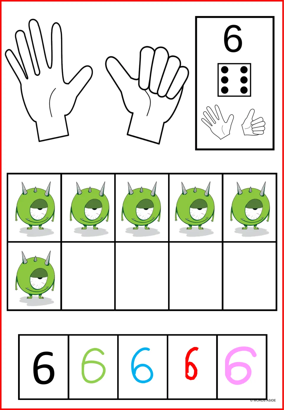 Number 6 poster mat: six monsters, six dice dots, fingers showing five plus one, and five styles of the numeral 6