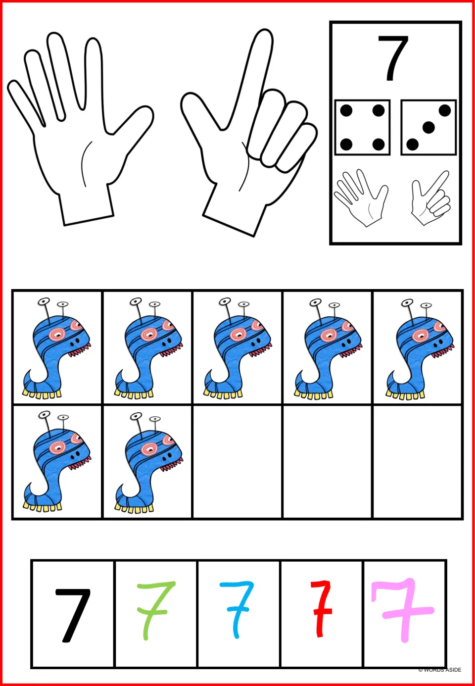 Number 7 poster mat: seven monsters, dice showing four plus three, finger counts, and five styles of the numeral 7