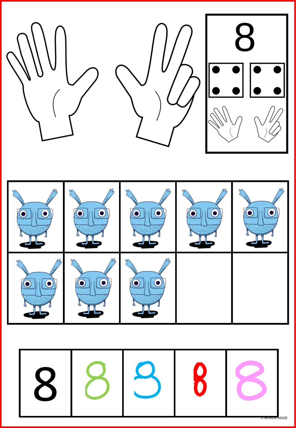 Number 8 poster mat: eight monsters, dice showing four plus four, finger counts, and five styles of the numeral 8