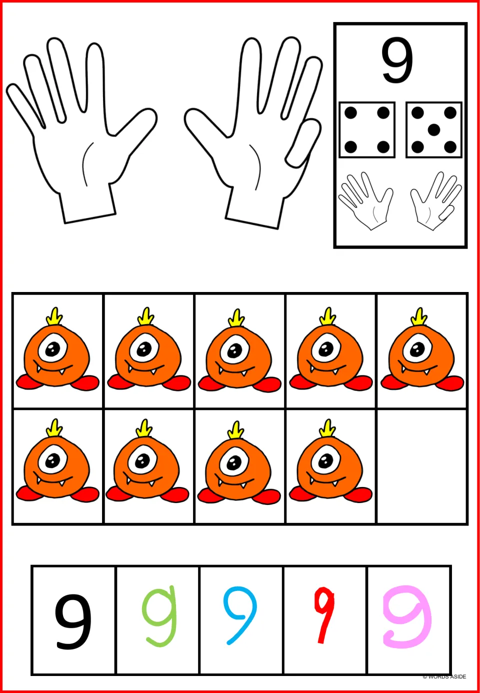 Number 9 poster mat: nine monsters, dice showing four plus five, finger counts, and five styles of the numeral 9