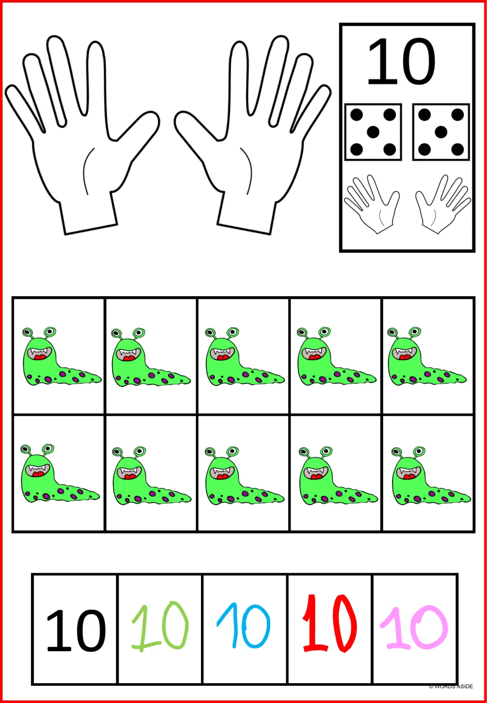 Number 10 poster mat: ten monsters, dice showing five plus five, ten raised fingers, and five styles of numeral 10