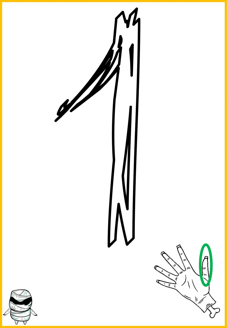 Halloween number sense poster mat for 1, showing the numeral 1, one mummy, and one circled finger.