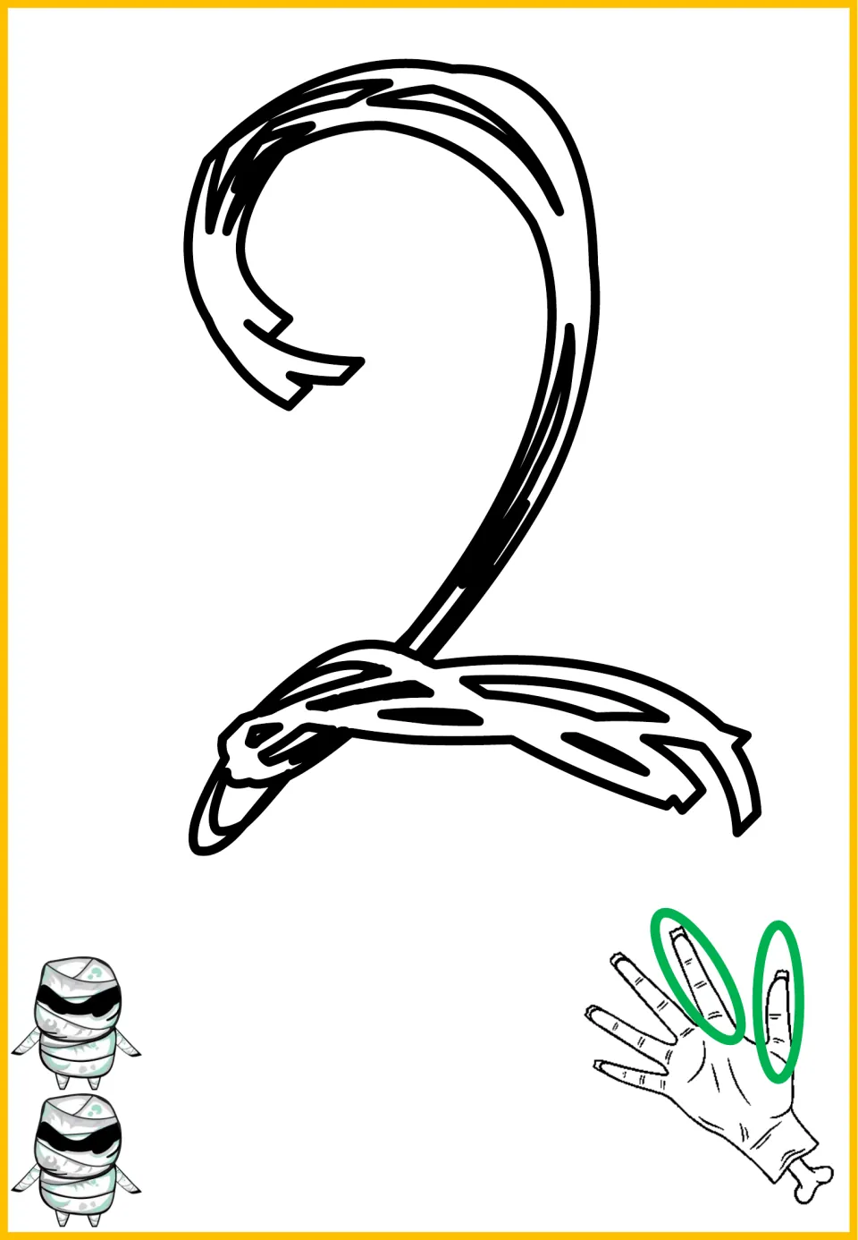 Halloween number sense poster mat for 2, showing the numeral 2, two mummies, and two circled fingers.
