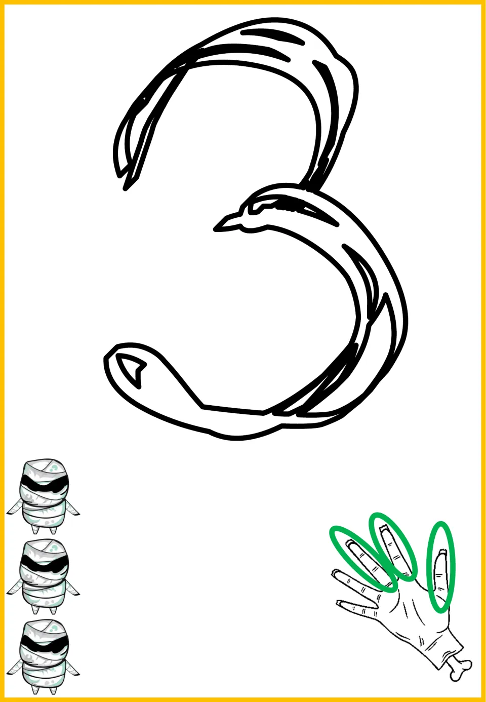 Halloween number sense poster mat for 3, showing the numeral 3, three mummies, and three circled fingers.