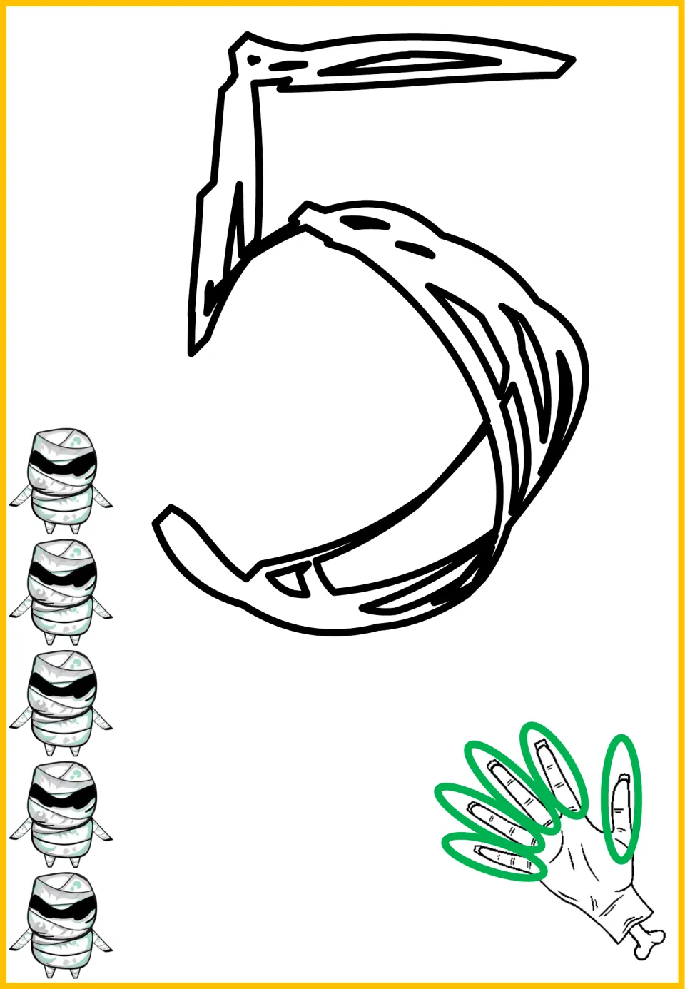 Halloween number sense poster mat for 5, showing the numeral 5, five mummies, and five circled fingers.