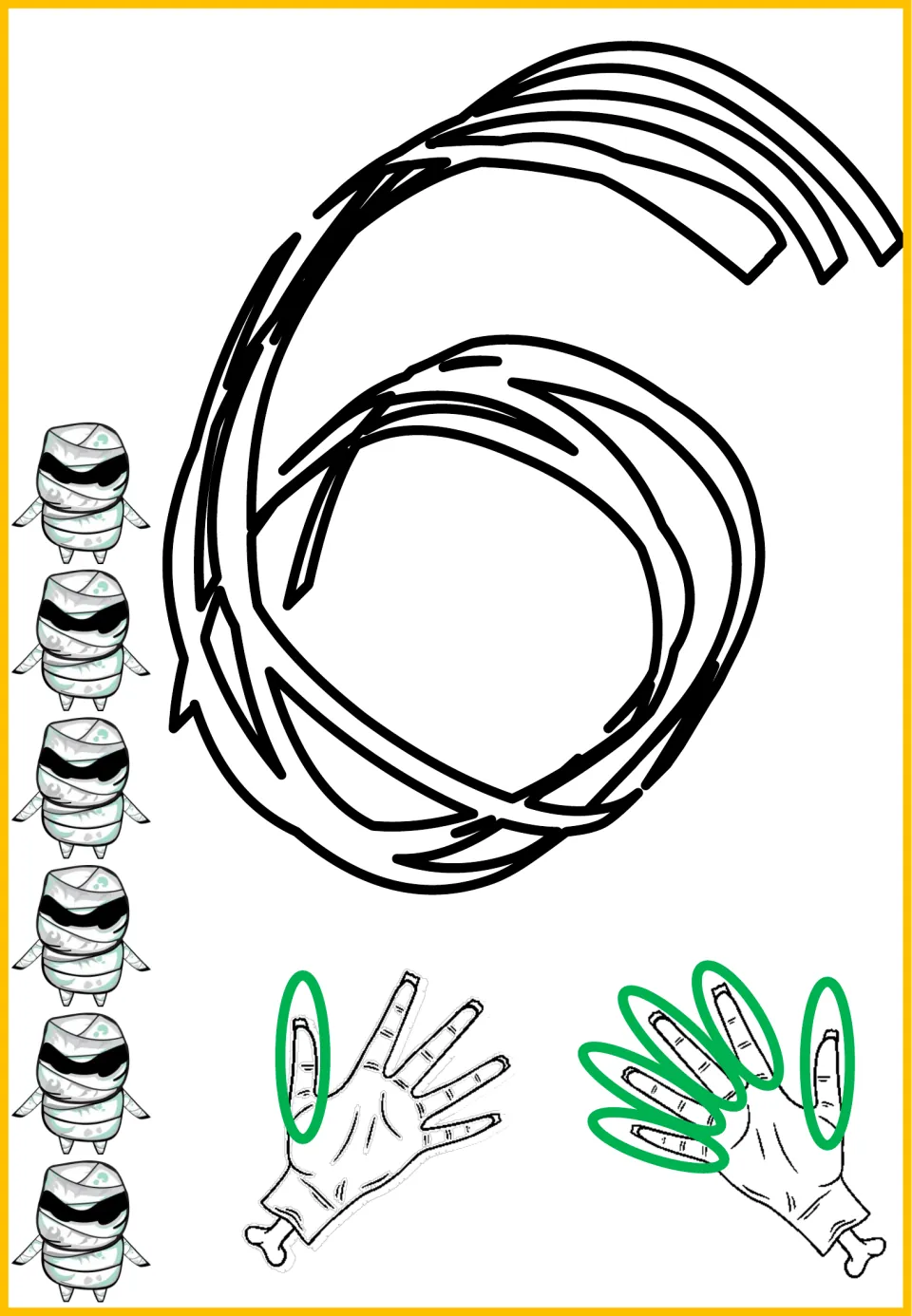 Halloween number sense poster mat for 6, showing the numeral 6, six mummies, and six circled fingers.