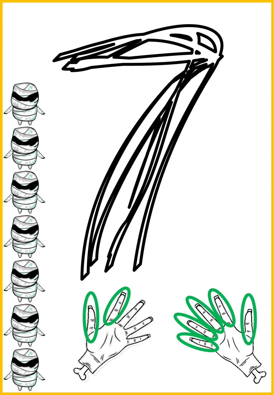 Halloween number sense poster mat for 7, showing the numeral 7, seven mummies, and seven circled fingers.
