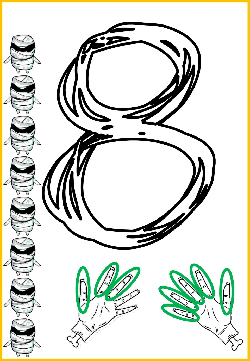 Halloween number sense poster mat for 8, showing the numeral 8, eight mummies, and eight circled fingers.
