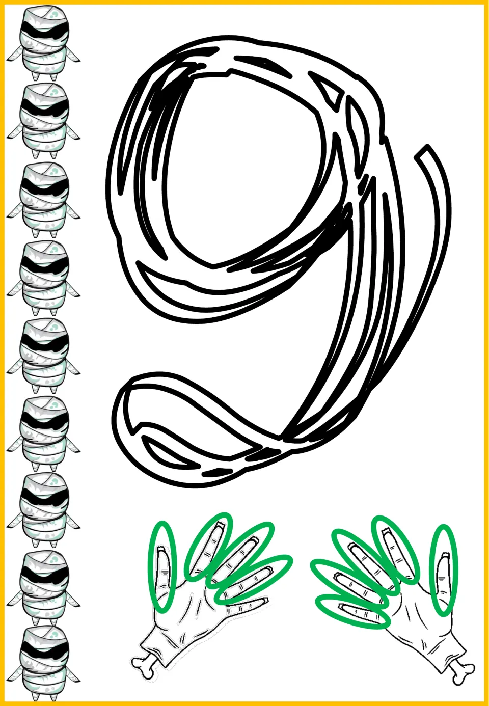 Halloween number sense poster mat for 9, showing the numeral 9, nine mummies, and nine circled fingers.