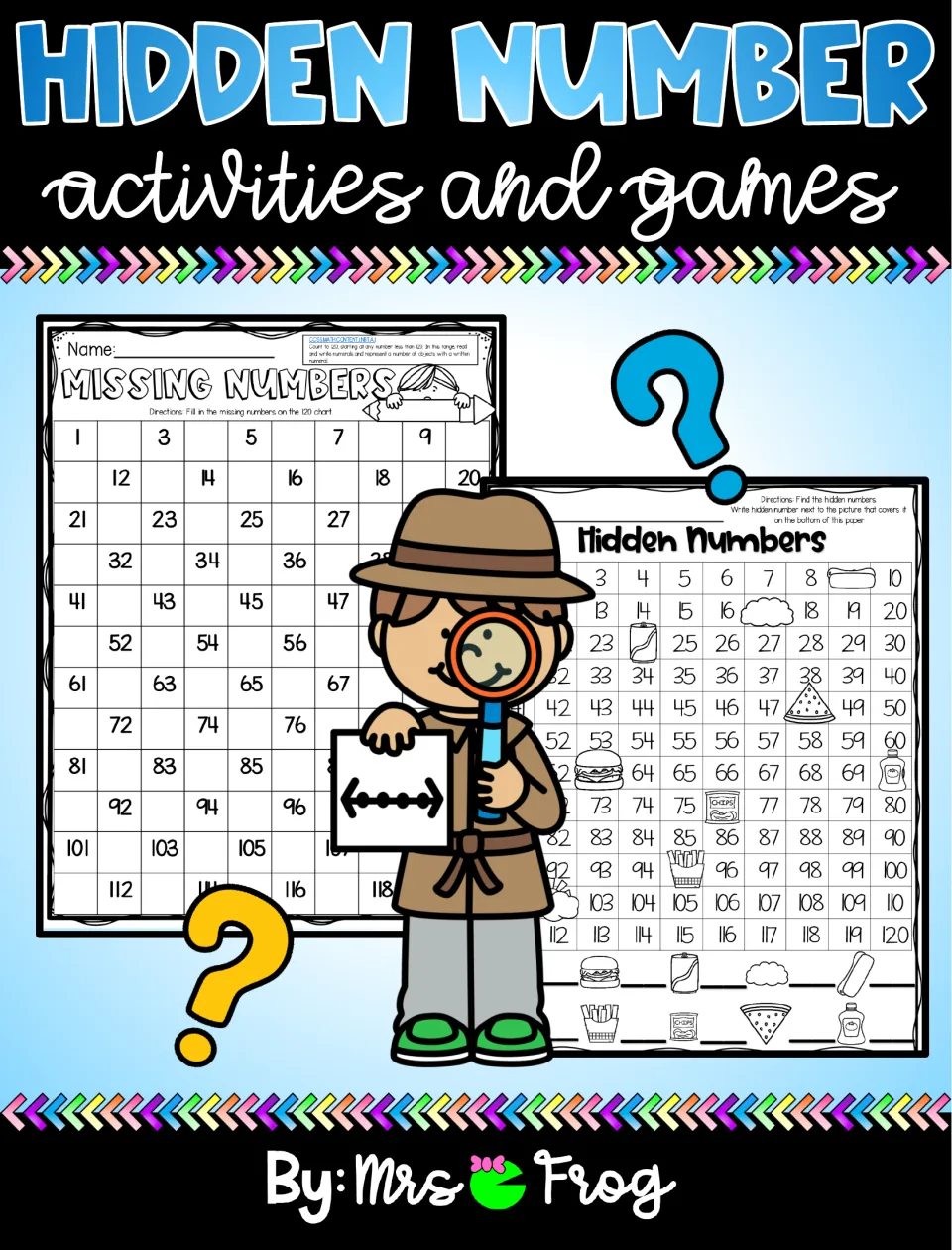 Hidden Number activities and games cover by Mrs Frog, showing a Missing Numbers 120 chart and a Hidden Numbers chart