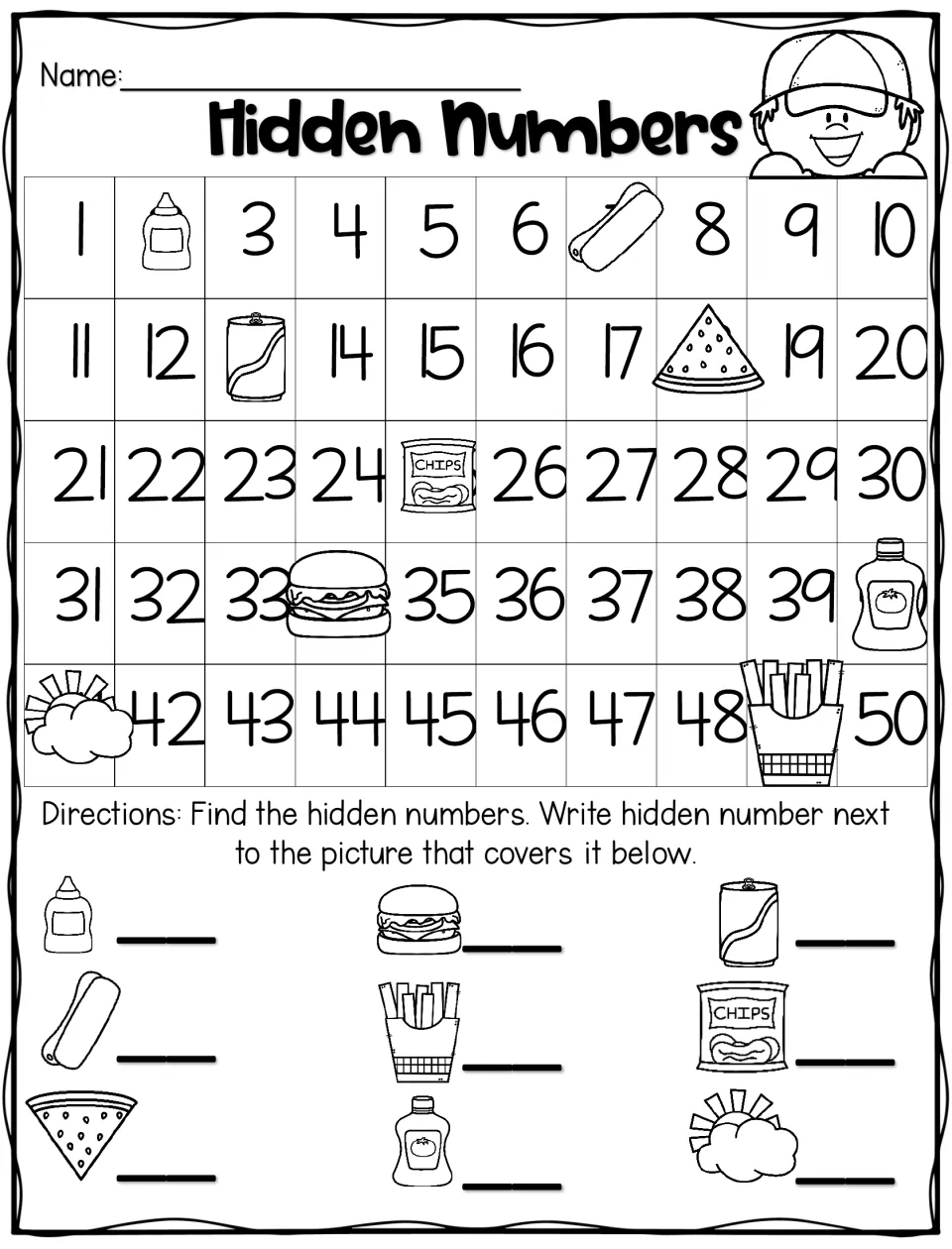 Hidden Numbers 1 to 50, food theme: students find the 9 numbers covered by pictures like a burger and chips and write them