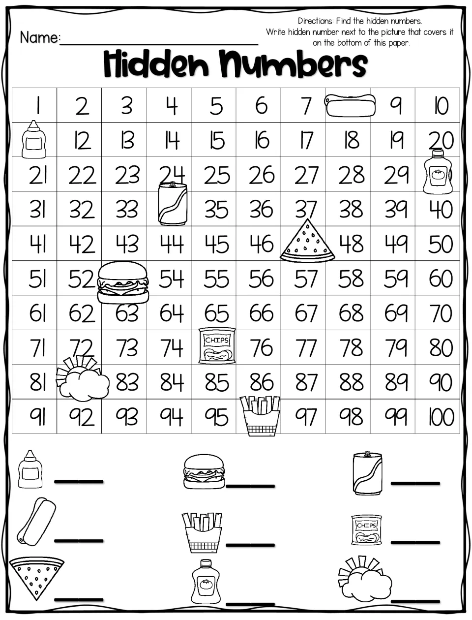 Hidden Numbers 1 to 100 with food pictures: students work out which number hides under the hot dog, soda, chips and others