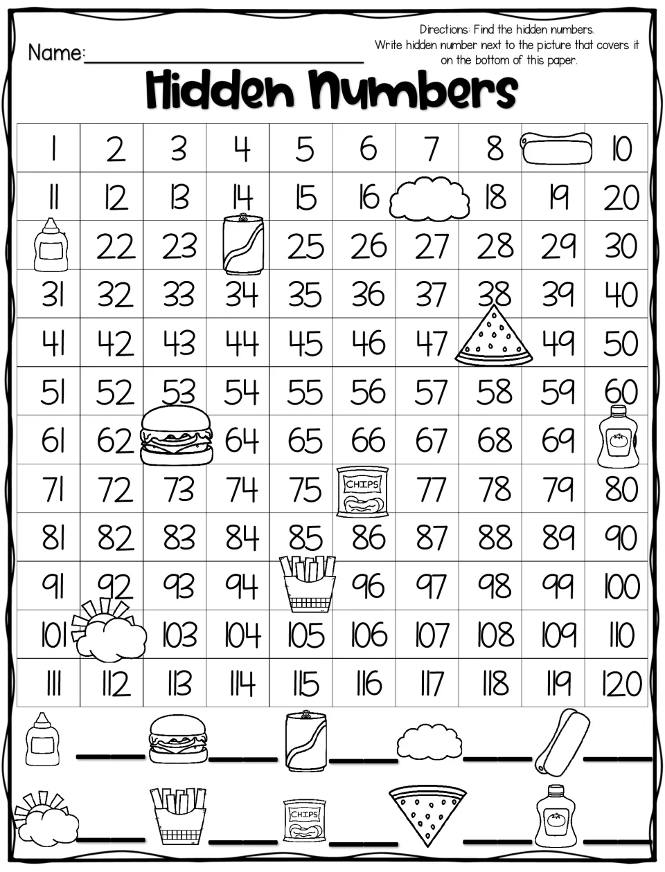 Hidden Numbers 1 to 120 food version: students identify 10 numbers hidden under pictures such as a cloud, fries and ketchup