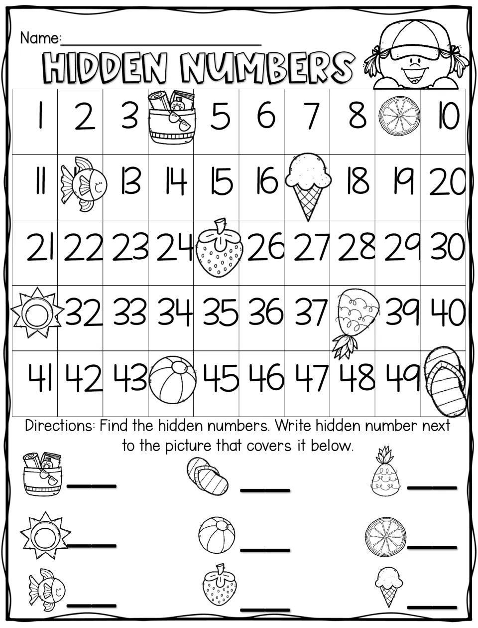 Beach Hidden Numbers to 50: students find numbers covered by a beach ball, flip-flops, ice cream and fruit and write them